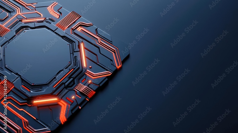 Poster Interactive tools ai concept. Futuristic circuit board design with glowing accents on a sleek dark background.