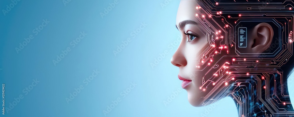 Poster adaptive technology ai concept. futuristic portrait of a woman with a digital circuit board design o