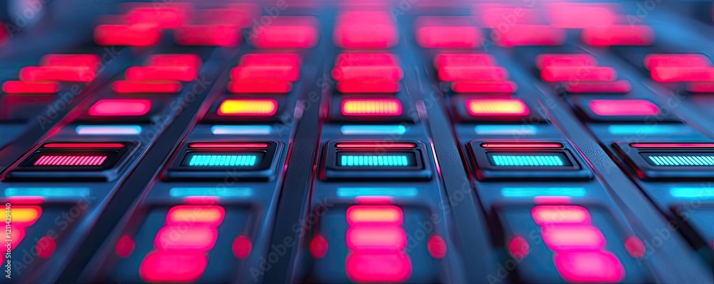 Aufkleber Adaptive technology ai concept. Close-up view of illuminated buttons on a high-tech control panel or sound mixer.
