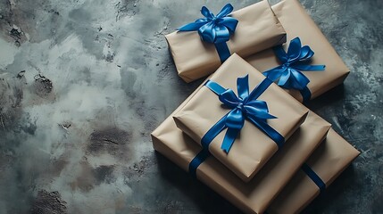 Gift boxes with blue ribbons on stone background, top view