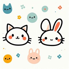 Cute Cartoon Animals and Flowers Illustration, Kawaii Style Design
