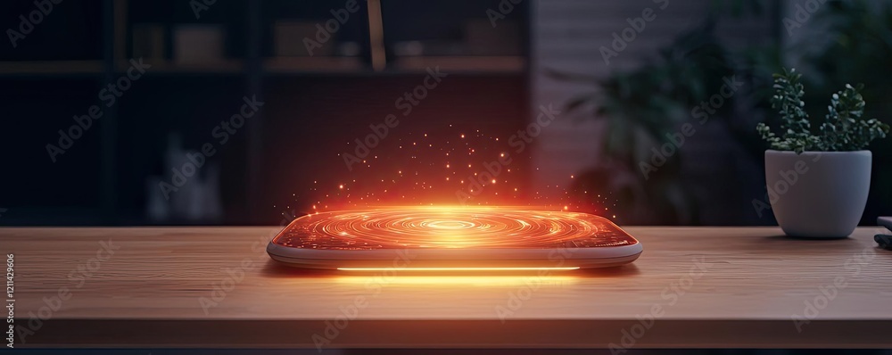 Poster interactive tools ai concept. a glowing, tech-inspired orb floating above a sleek table, perfect for
