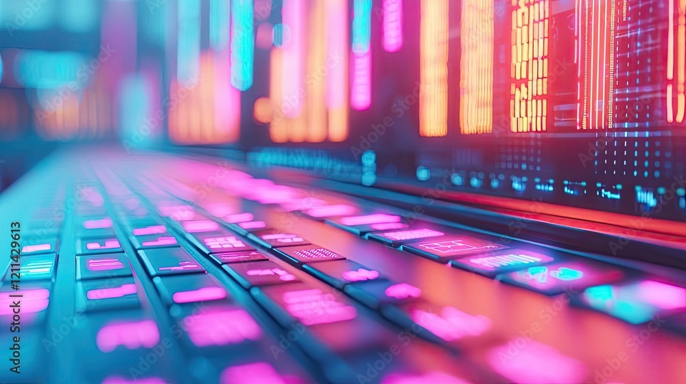 Aufkleber interactive tools ai concept. a vibrant, illuminated close-up of a keyboard showcasing bright neon c