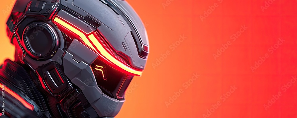 Aufkleber Interactive tools ai concept. Futuristic robotic helmet with glowing elements on a vibrant background.