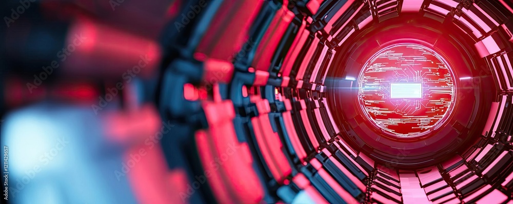 Poster Artificial intelligence ai idea. Futuristic tunnel with glowing spheres and dynamic lighting effects.