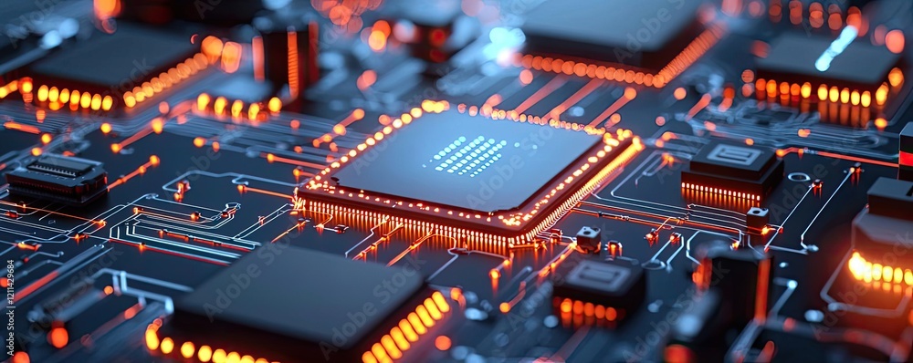 Poster Artificial intelligence ai idea. Close-up of a modern circuit board with active components and glowing lines.