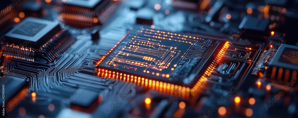 Aufkleber Artificial intelligence ai idea. Close-up view of a modern microchip showcasing intricate circuit details and lights.