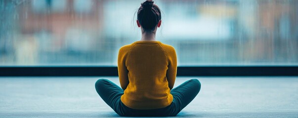 Self-Care Apps Concepts. Person meditating in a serene indoor environment, facing a large window.