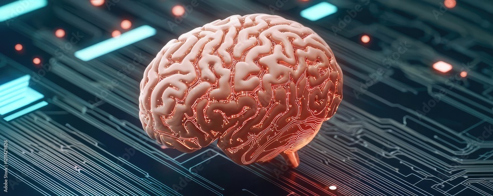 Poster artificial intelligence ai idea. a creative depiction of a brain on a digital circuit board, symboli