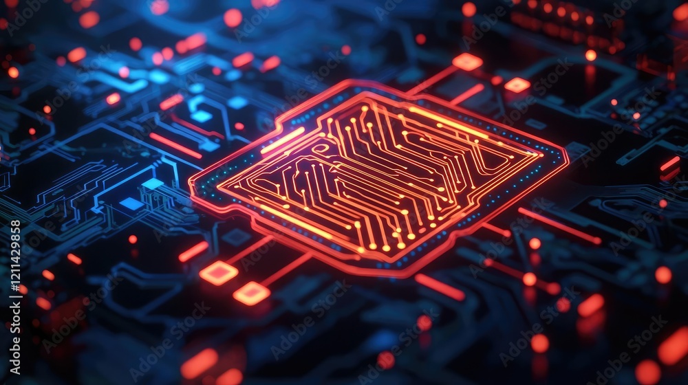 Poster artificial intelligence ai idea. close-up of a vibrant, illuminated circuit board showcasing advance