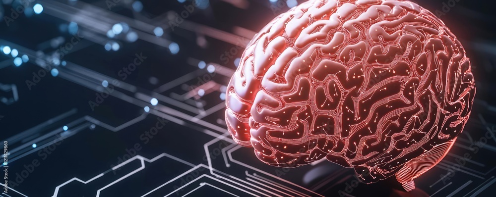 Poster Artificial intelligence ai idea. A close-up of a human brain integrated with digital circuits and technology.