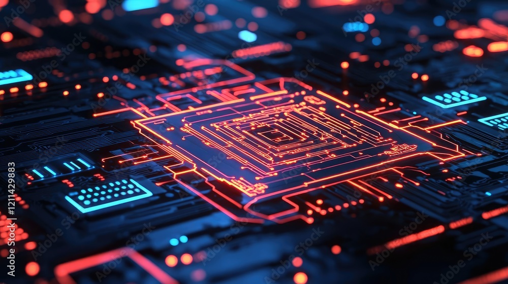 Poster Artificial intelligence ai idea. Vibrant circuit board design with glowing elements in red and blue colors.
