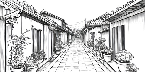 A serene monochrome sketch of a Japanese alleyway