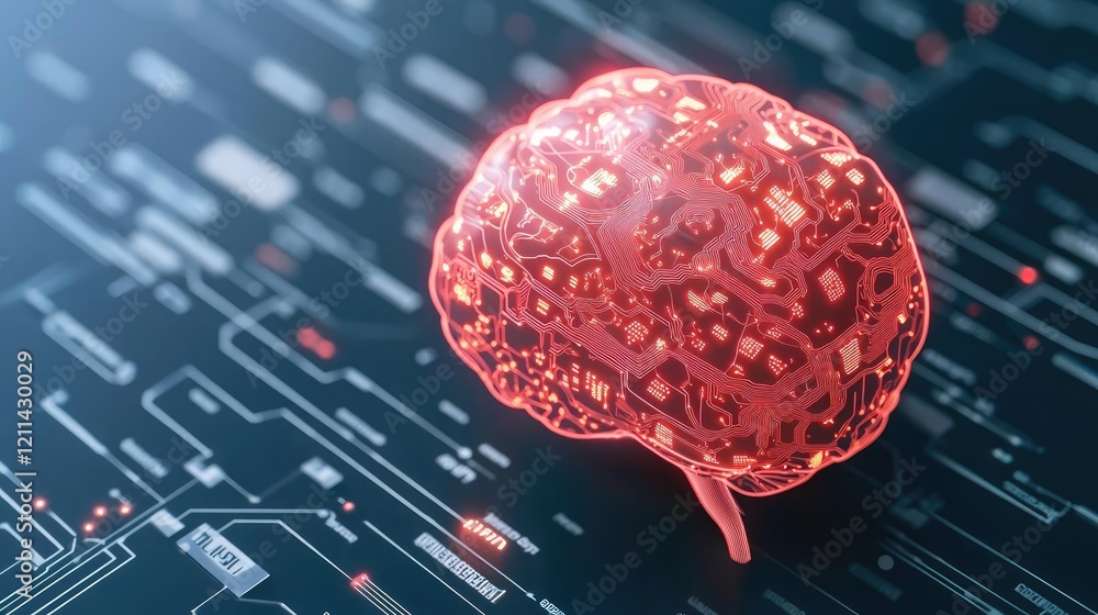 Poster Adaptive technology ai concept. A digital brain overlayed on a circuit board, symbolizing technology and innovation.