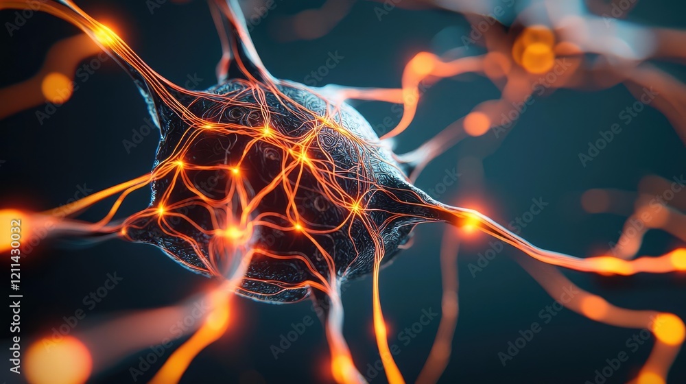 Poster adaptive technology ai concept. close-up view of a neuron cell with glowing connections illustrating
