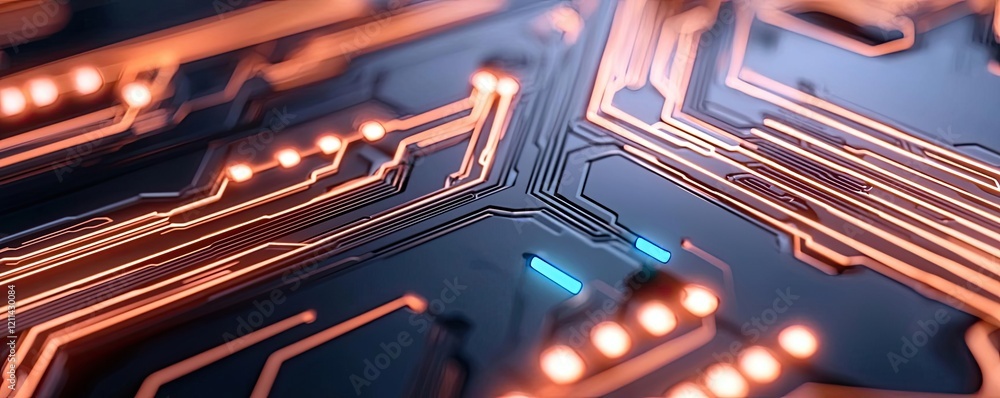 Aufkleber Artificial intelligence ai idea. Close-up view of advanced circuit board with illuminated pathways and electronic components.