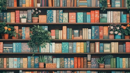 Cozy Bookshelf with Colorful Covers and Green Plants Decor
