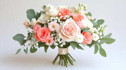 Obraz premium Delicate Bridal Bouquet: A stunning bridal bouquet featuring soft coral and white roses, accented with baby's breath and greenery, tied with a delicate ribbon.