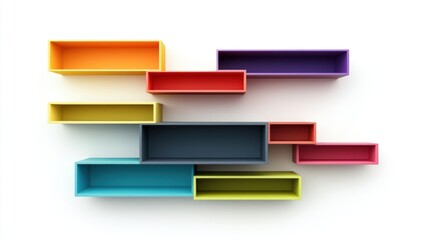A set of abstract colorful shelves in a geometric pattern, featuring vibrant hues, floating and isolated on a white background.