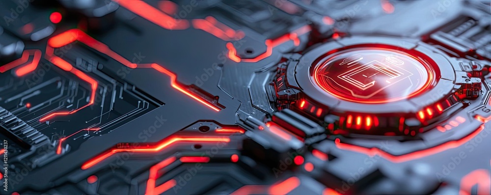Poster Interactive tools ai concept. Futuristic microchip design with glowing circuits and intricate details in dark tones.