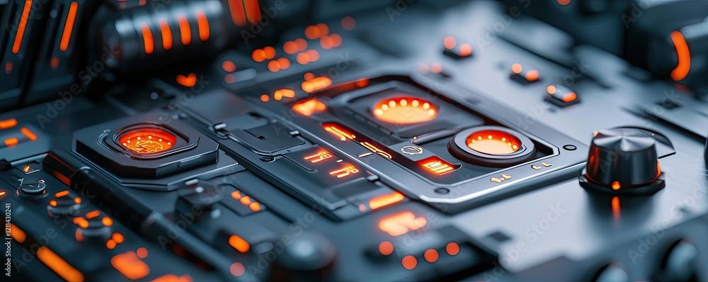 Aufkleber Interactive tools ai concept. Close-up of high-tech control panel with glowing orange buttons and intricate details.