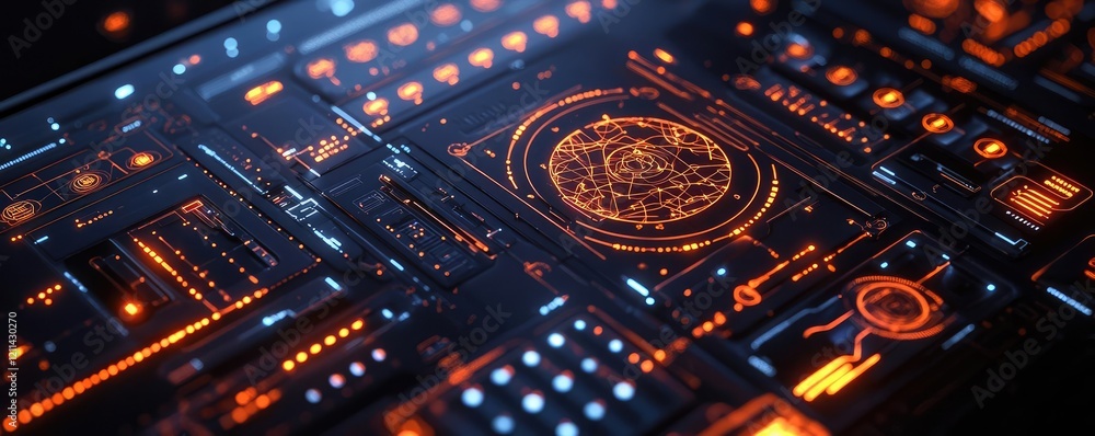 Poster interactive tools ai concept. futuristic control panel with glowing orange circuitry and intricate d