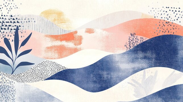 Abstract landscape art print, wavy hills, pastel palette, botanical accents, home decor