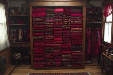 A vintage wardrobe filled with a collection of red fabrics and dresses.