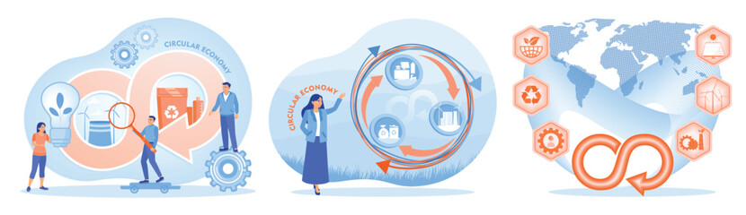 Illustration depicting circular economy, recycling, and sustainability concepts across global perspectives.