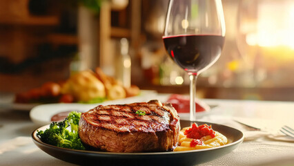 Steak and Wine Indulgence: A mouthwatering  grilled steak, perfectly seared and cooked to perfection, sits on a plate alongside a glass of full-bodied red wine.