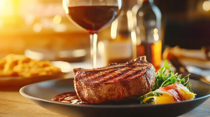 Steak & Wine Indulgence: A perfectly grilled steak, juicy and tender, rests on a plate with a side of savory garnishes. A glass of red wine, rich and aromatic, complements the decadent dish.