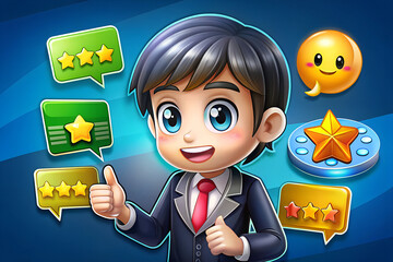 Customer feedback and review good rating concept, person in a business suit interacting with floating digital 5-star customer reviews. testimonial and testimony, user comment and feedback for review 
