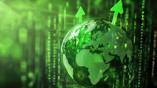 Green Earth globe with upward arrows, digital code background, representing growth and technology.
