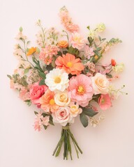 Obraz premium Peachy Pastel Bouquet: A delicate and romantic bouquet of peach, pink and white flowers, tied together with a simple ribbon. This floral arrangement exudes elegance and softness. 