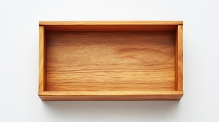 A simple wooden drawer, open and empty, with clean lines and a smooth finish, isolated on a white background.