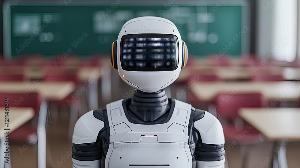 Poster Intelligent tutoring ai concept. A futuristic robot standing in a classroom setting, showcasing advanced AI capabilities.