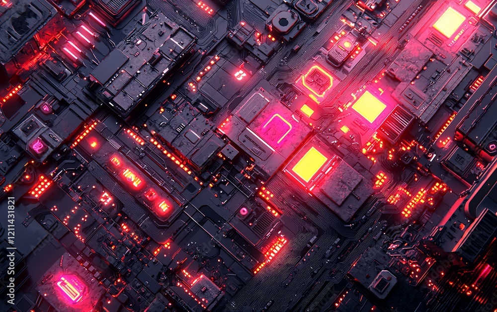 Poster abstract red and black glowing circuit board texture.