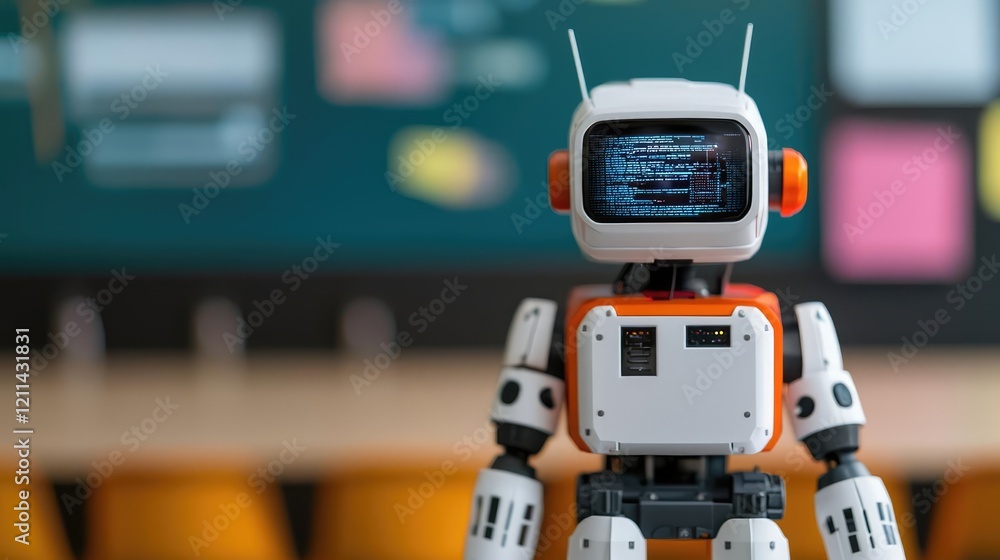 Poster Intelligent tutoring ai concept. Cute robot with a digital screen, showcasing modern technology in a playful setting.