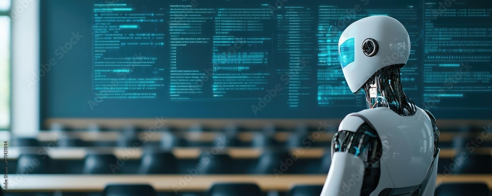 Aufkleber Student progress ai idea. A humanoid robot analyzing data in a modern classroom environment.