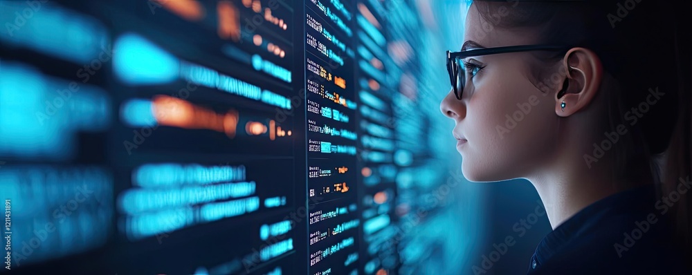 Aufkleber student progress ai idea. young woman analyzes data on a digital display in a modern tech environmen