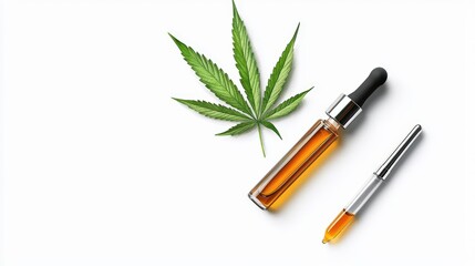 A cannabis oil dropper with amber liquid and a hemp leaf, showcasing natural ingredients for wellness and relaxation.