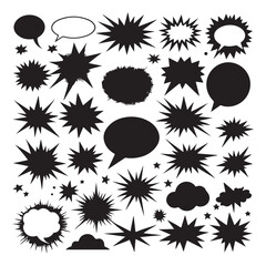 Comic explosion speech bubble vector shapes, speech bubble silhouettes vector set, starburst designs in black. Ideal for graphic design,pop art, illustrator EPS, illustrator EPS 10