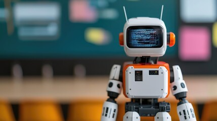 Fototapeta premium Intelligent tutoring ai concept. Cute robot with a digital screen, showcasing modern technology in a playful setting.