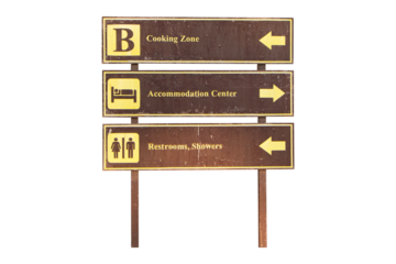 Brown empty wooden route signs is blank same pattern isolated on cut out PNG or transparent background. Yellow symbols and letters Cooking zone, accommodation center, restrooms, showers.