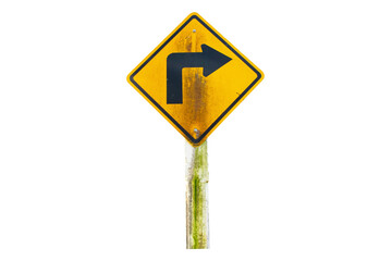 Warning traffic sign yellow right turn sign on concrete pole isolated on cut out PNG or transparent background. Rules for road users. Its traffic sign. Bold black symbol arrow.