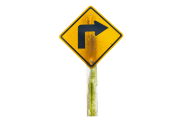 Warning traffic sign yellow right turn sign on concrete pole isolated on cut out PNG or transparent background. Rules for road users. Its traffic sign. Bold black symbol arrow.