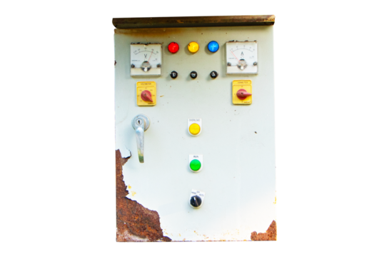 Old temporary electrical distribution electric small control box outdoor damaged rusty for small business, Main substation. Isolated on cut out PNG or transparent background.