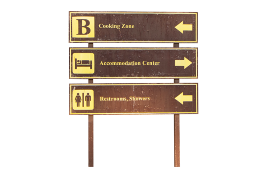Brown empty wooden route signs is blank same pattern isolated on cut out PNG or transparent background. Yellow symbols and letters Cooking zone, accommodation center, restrooms, showers.
