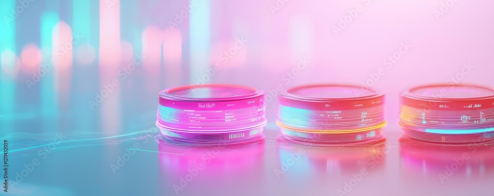 Poster Intelligent tutoring ai concept. Colorful circular lights on a transparent surface glowing in a modern setting.