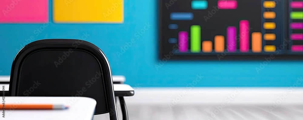 Poster Student progress ai idea. A modern classroom setup with colorful walls and digital presentation tools.